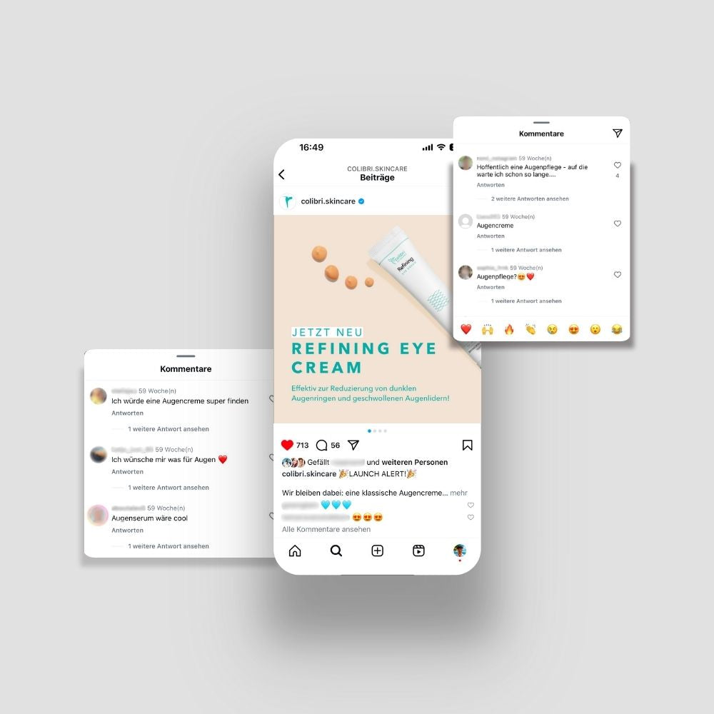 Drei Instagrambeiträge zeigen eine Augencreme-Werbung mit Kommentaren und Likes.