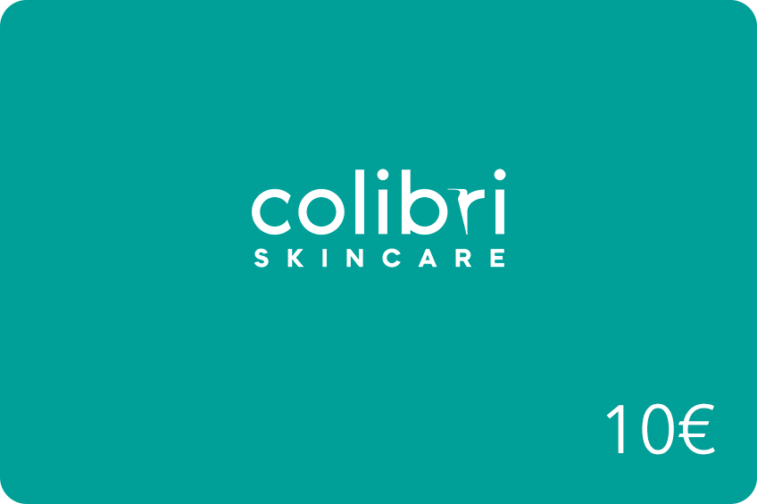 Teal-colored Geschenkkarte von Colibri Skincare im Wert von 10 Euro.