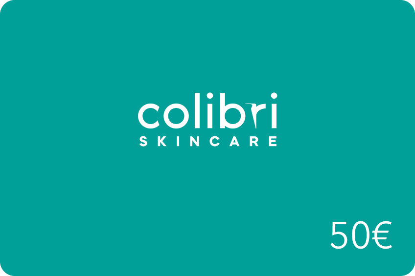 Geschenkkarte von Colibri Skincare im Wert von 50€, mit türkisem Hintergrund und weißem Text.